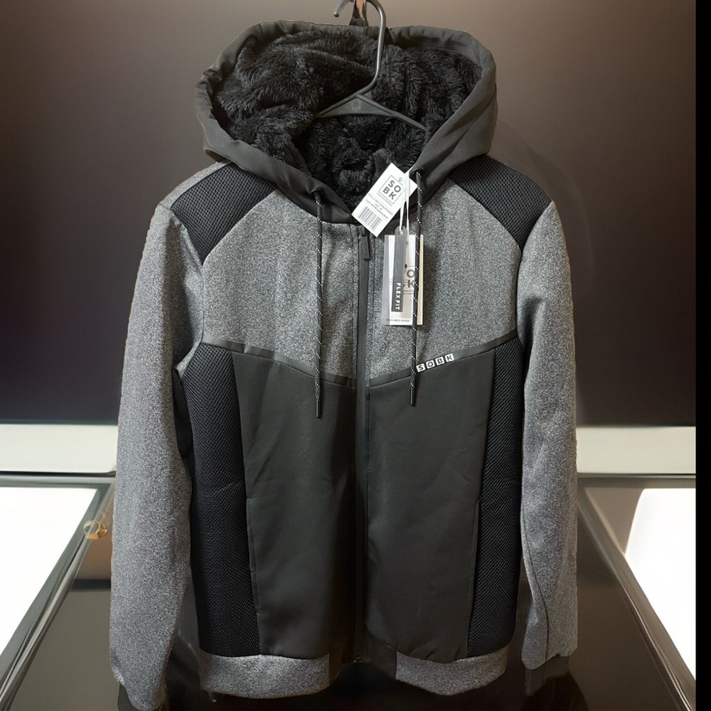 🇺🇸Made Hooded Coat W/Fur Interior Flex Fit W/Full Front Zip Grey & Black Coat